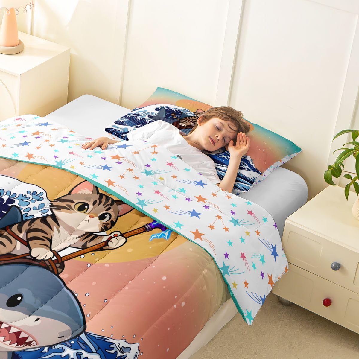 Erosebridal Kawaii Cute Cat Comforter Set Under Sea Shark Japanese Girl Toddler Bedding Set for Kids Teens Child Blue Ocean Waves Ukiyoe Comforter Gradient Sunset Sky Quilt