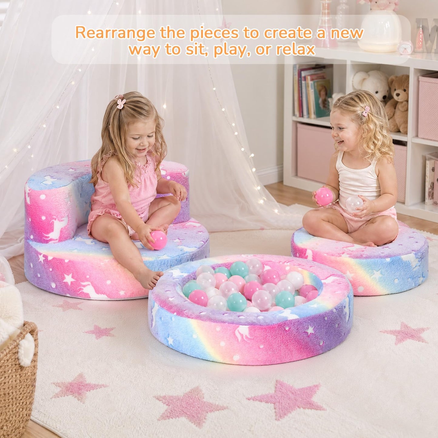 MeMoreCool Unicorn Kids Couch, Flip-Open Kids Chair, Glow Print, Rainbow