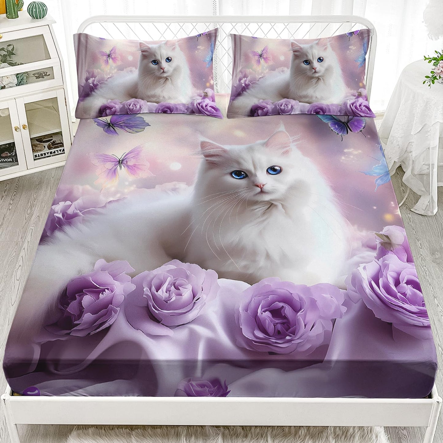 AILONEN Girls Cat Kitten Fitted Sheet Set Full Size,Purple Rose Butterfly Cat Princess Kids Bedding Set,White Cat Fitted Sheet with 2 Pillowcases,Beautiful Cat Bed Sheet Set 3 Pieces