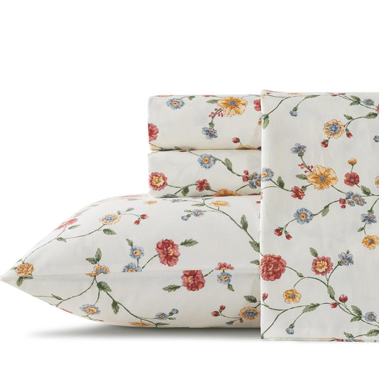 Zusbest Queen Sheet Set 100% Percale Cotton Off White Floral Bed Sheet Set, Brushed for Extra Softness, Breathable Luxury Flannel Sheets Like Pink Flower Print Deep Pocket Sheets 17.5'' 4 Pcs