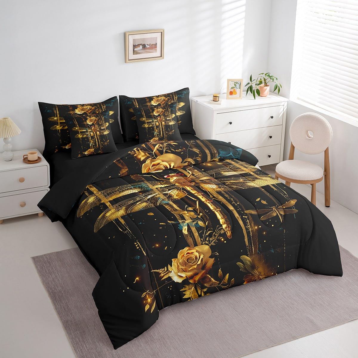 Erosebridal Golden Dragonfly Comforter Set Queen,Romantic Yellow Rose Floral Bed in a Bag,Dragonflies Bedding Set 7Pcs for Boys Girls Women,Wildlife Safari Animal Quilt