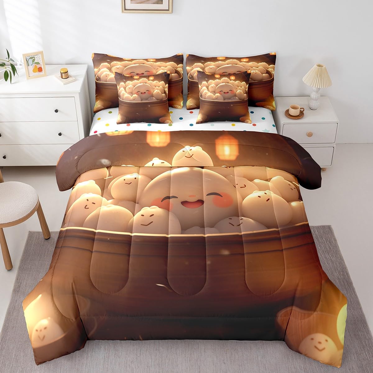 Erosebridal Sweet Dumpling Bedding Set King Size, Cute Dumpling Comforter Set, Traditional Chinese Food Kids Teens (Comforter+Fitted+Flat Sheet+2 Pillowcases+2 Throw Pillow Covers) 7 Pieces Bed Set