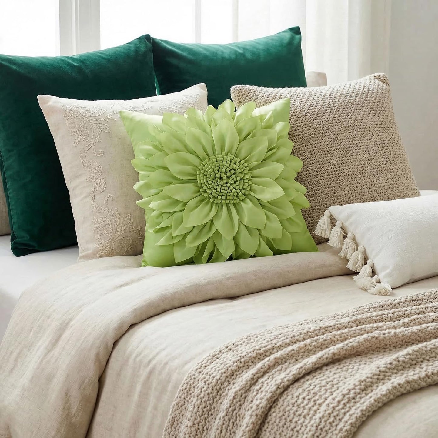 Bella's Giftshop 3D Sunflower Decorative Throw Pillow Covers for Bed Sofa Couch Chair, Accent Floral Taffeta Cushion Cover, Handmade Pillow Cases Living Room Decor, 17x17 Inch-Green/Sage