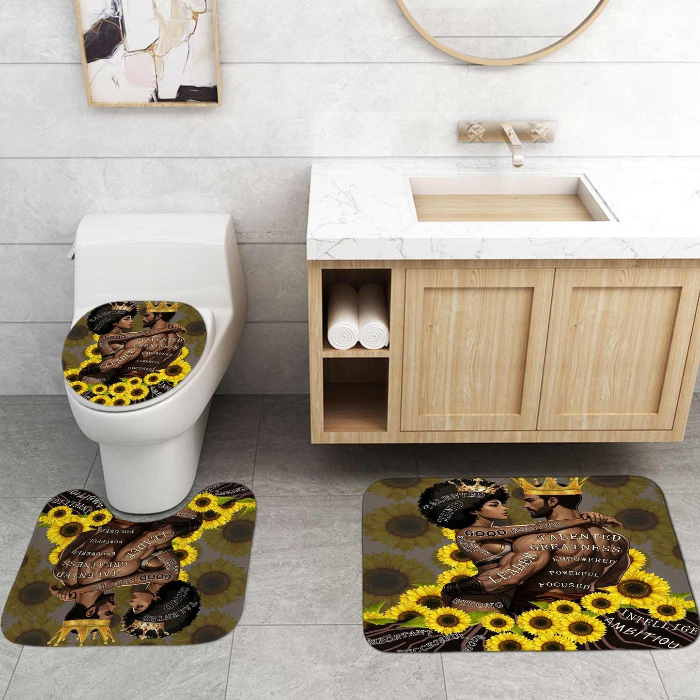 OLEBETY 4PCS African American Shower Curtain Sets with Rugs, Inspirational Quotes Shower Curtain, Sunflower Luxury Gold Crown Black King and Queen Men Women Romantic Afro Couple Lovers Bathroom Decor