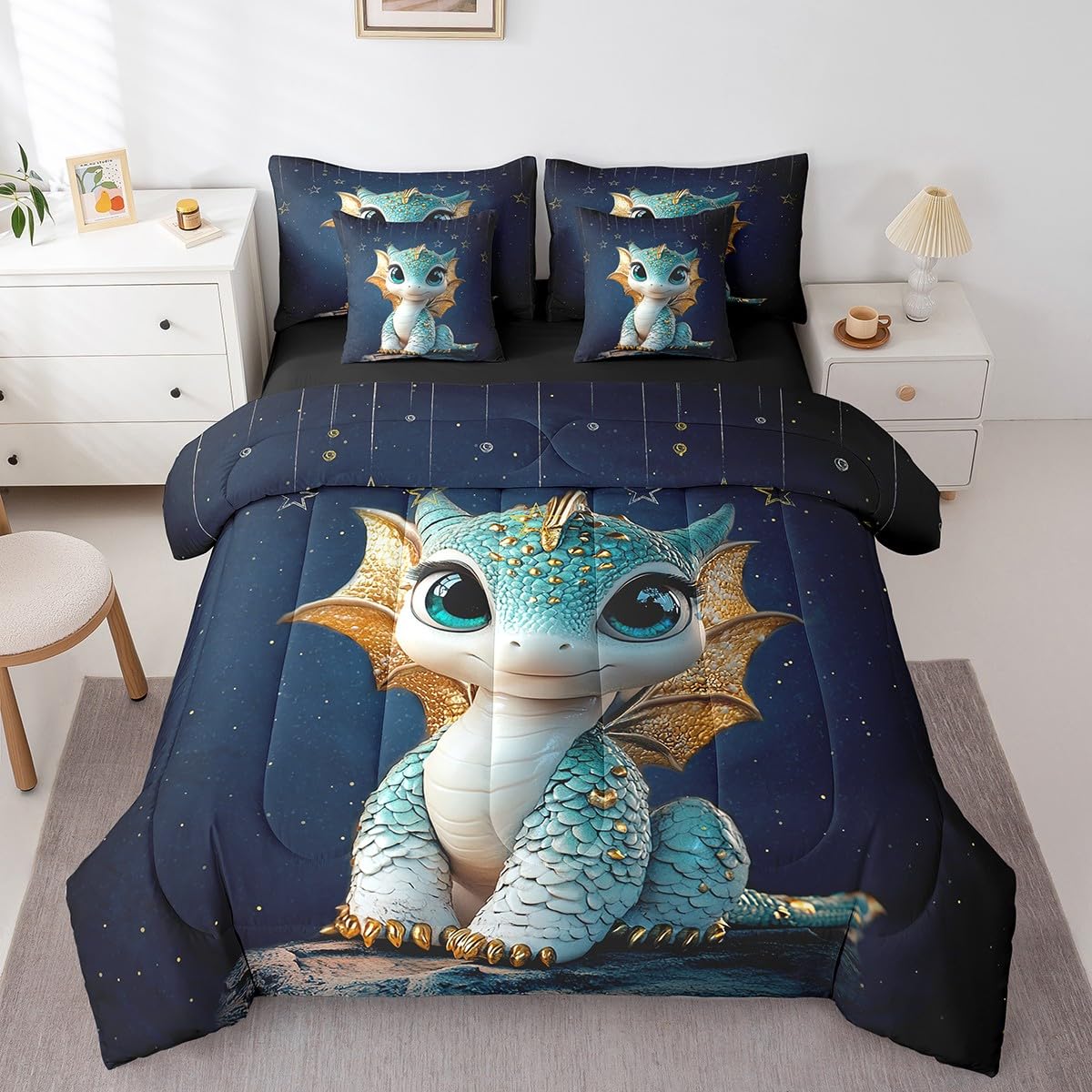Feelyou Dragon Comforter Set with Sheets Twin Size Dragon Stuff Bed in a Bag for Boys Girls Teens Wild Life 7 Pieces Bedding Set Dragon Decor Bed Set Room Decor Navy Blue
