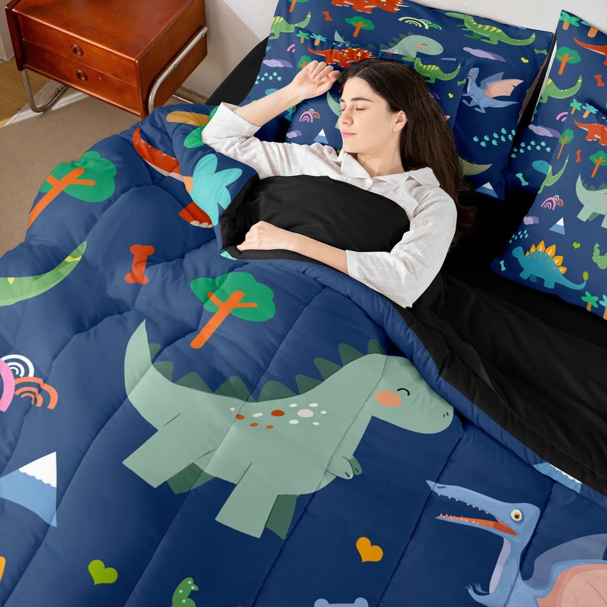 Erosebridal Cartoon 7 Piece Bedding Set King Dinosaur Comforter Set with Sheets Tree Bones Footprints Pterosaur Bed in a Bag Rainbow Triceratops Cute Dinosaur for Kids Boys Girls