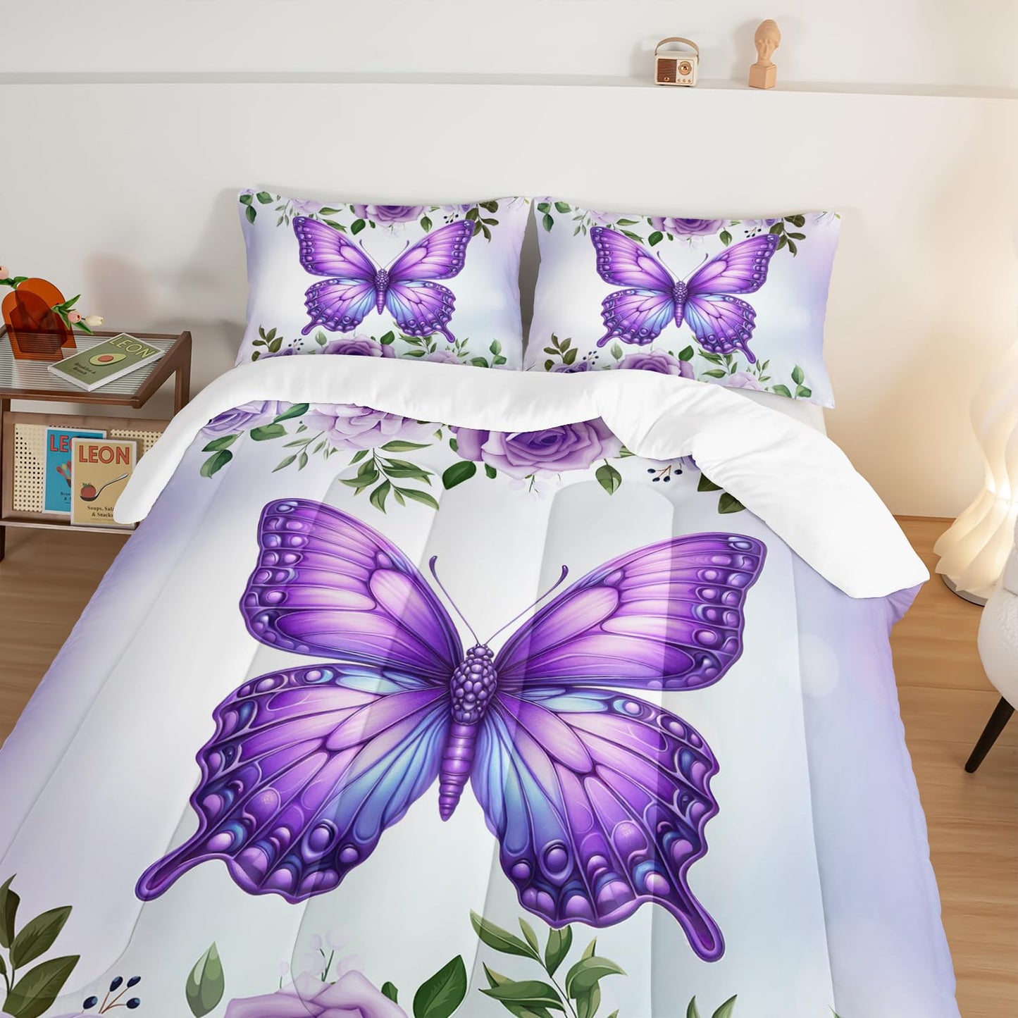 UEVBF Beautiful Butterfly Bedding Comforter Set Twin Size,Blossoming Flowers Pattern Bedding Set for Kids Girls Toddlers Room Decor,Nature Insect Themed Bed Comforter Sets with 2 Pillowcases.