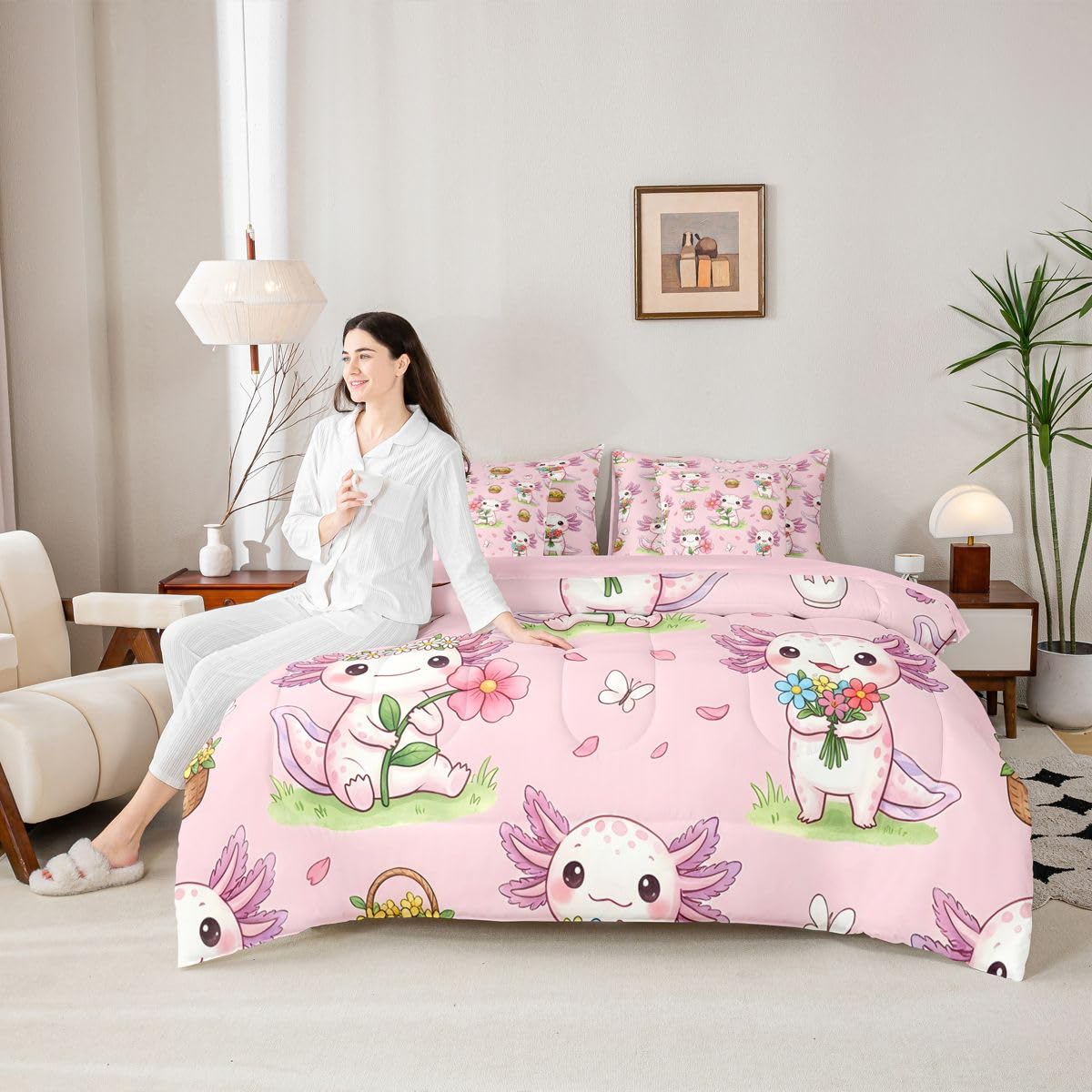Pink Floral Axolotl Queen Bedding Set for Kids Girls Teens Cute Axolotl Comforter Set with Flat and Fitted Sheet Spring Garden Pink Flowers 7-Piece Bed in a Bag Girly Dreamy Pastoral Petals Quilt Sets