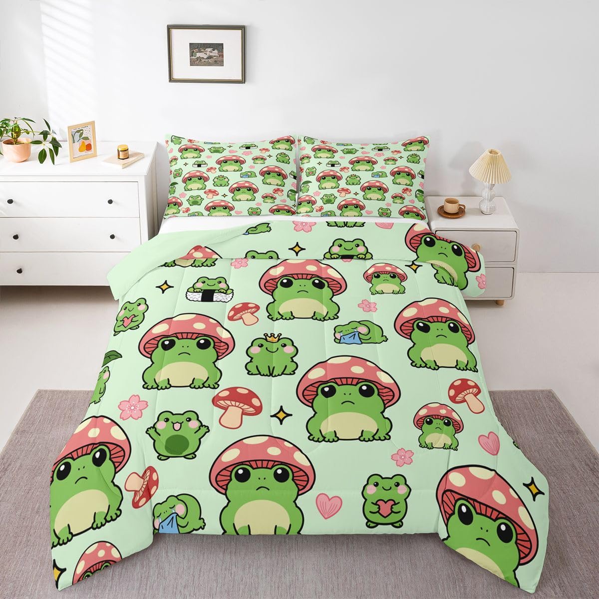 Mushroom Frog Comforter Set Queen Size Cute Mushroom Bedding Set 3pcs for Kids Girls Boys Bedroom Decor Cartoon Animals Plants Quilt Set Pink Green Duvet Insert,2 Pillowcases