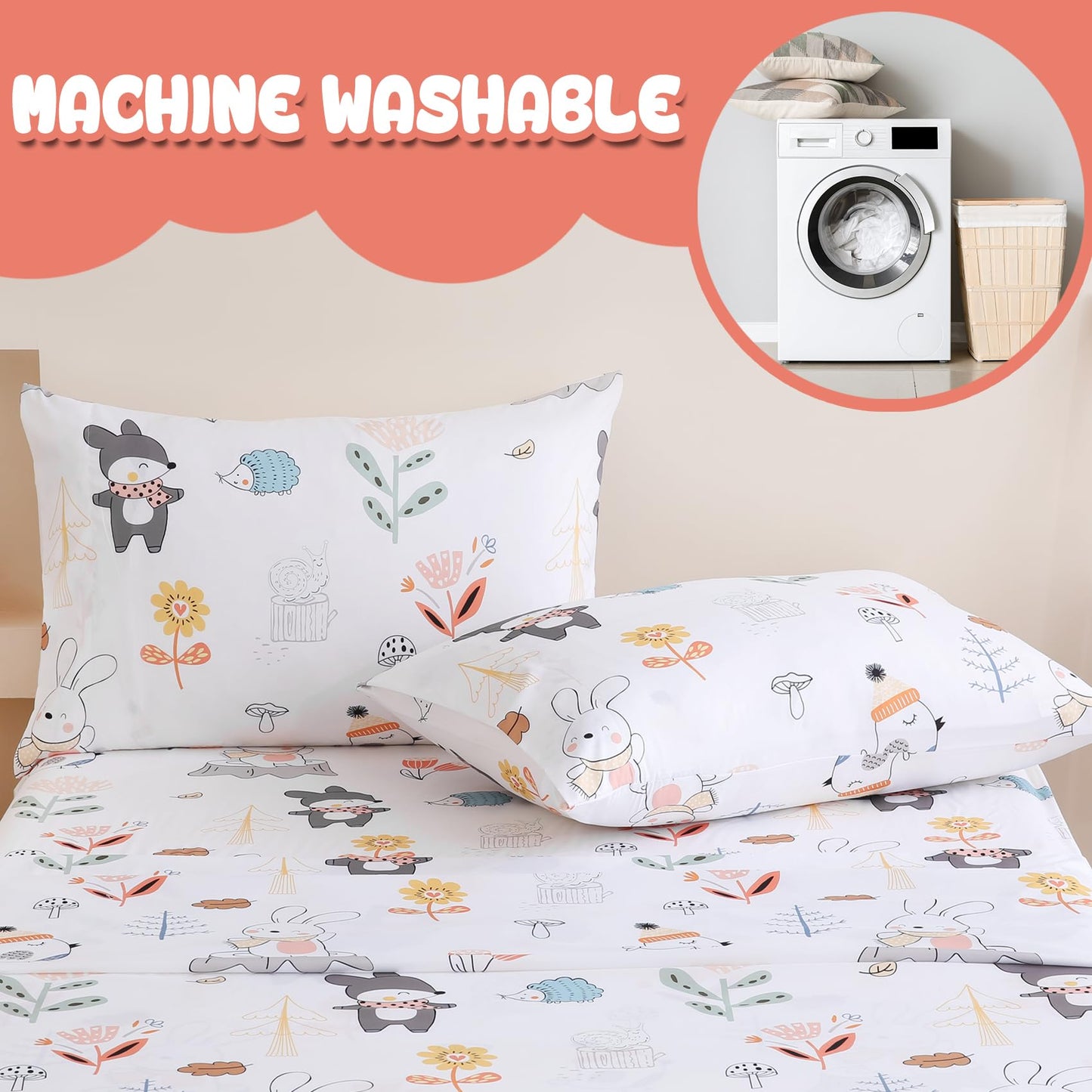 Yibeizi Woodland Animals Sheet Set Twin, Kids Forest Floral Camper Themed Print Bedsheets Microfiber Deep Pocket Cute Patterned Bed Sheet & Pillowcase Sets 3 Pieces