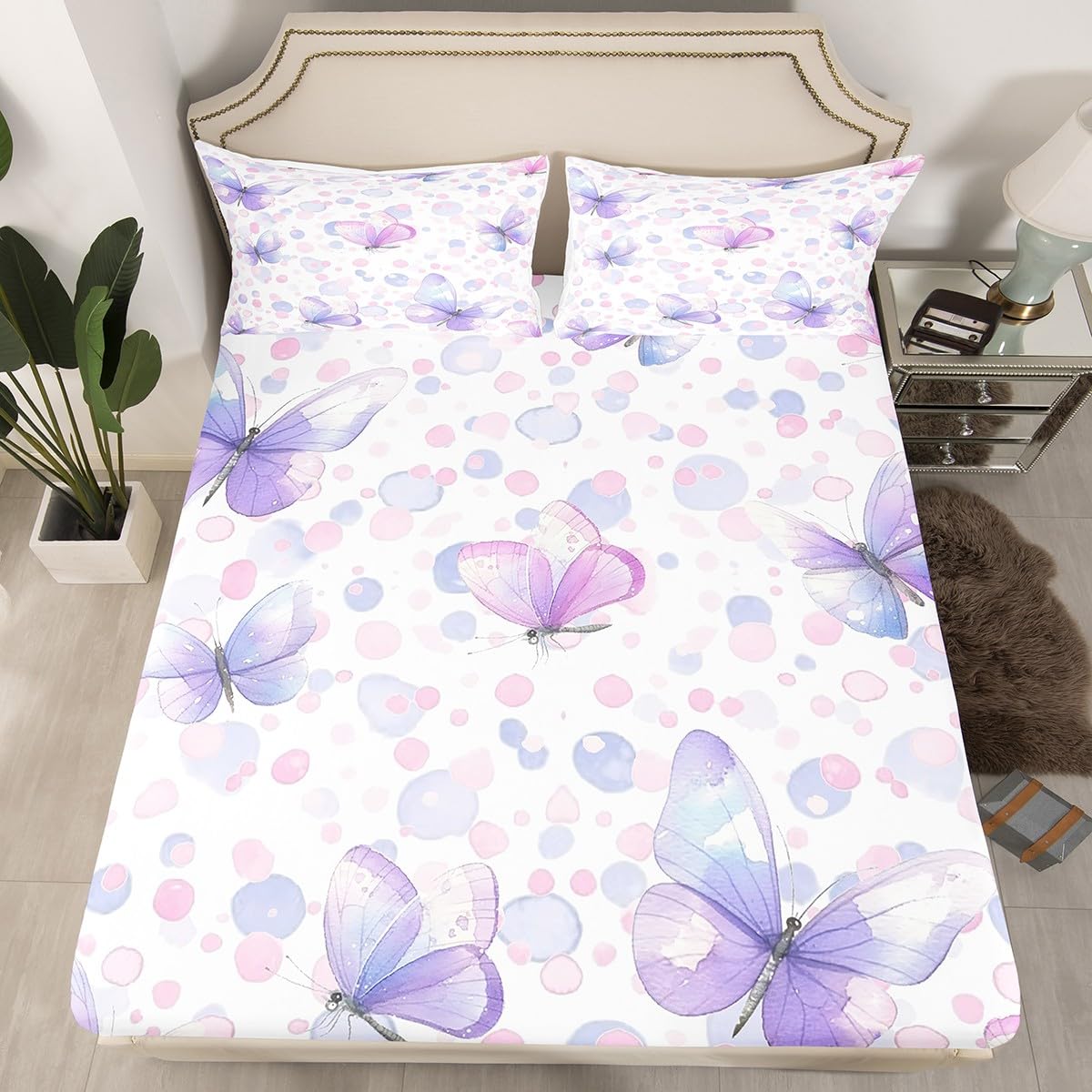 Feelyou Butterfly Fitted Sheet Twin Size for Kids Boys Girls Purple Balloon Bed Sheets Set 16" Deep Pocket Butterflies Printed Pattern Bedding with 1 Pillowcase Garden Room Decor