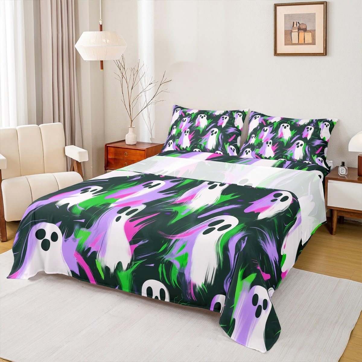 Feelyou Boys Girls Halloween Bed Sheets Set Queen Size, Cute Ghost Sheets with Deep Pocket Fitted Sheet Ghost Festival Sheet Set Kids Cartoon Teens Bedding Set Bedroom Decor with 2 Pillow Case