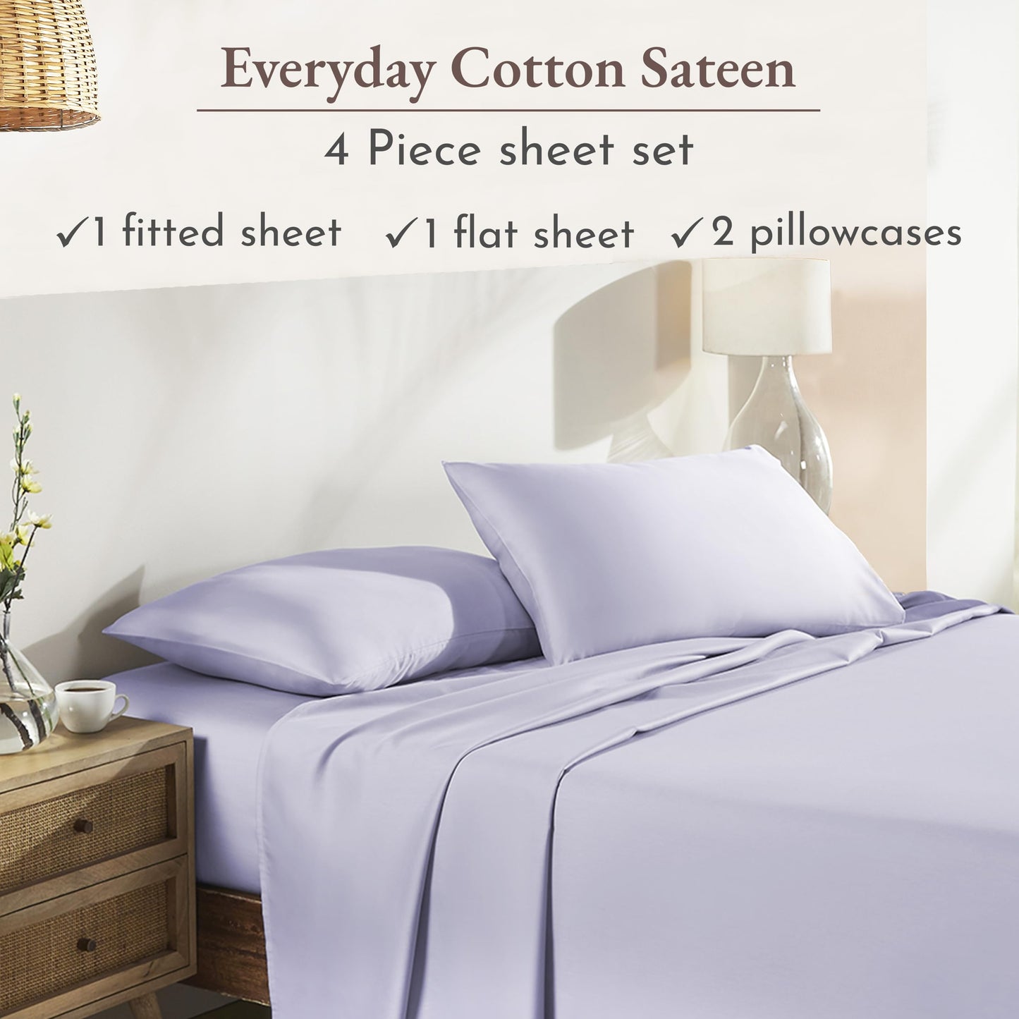 California Design Den Queen Sheet Set Deep Pocket - Natural 100% Cotton Sheets, Soft Sateen Weave, All Around Elastic, Breathable and Durable Bedding - Lavender