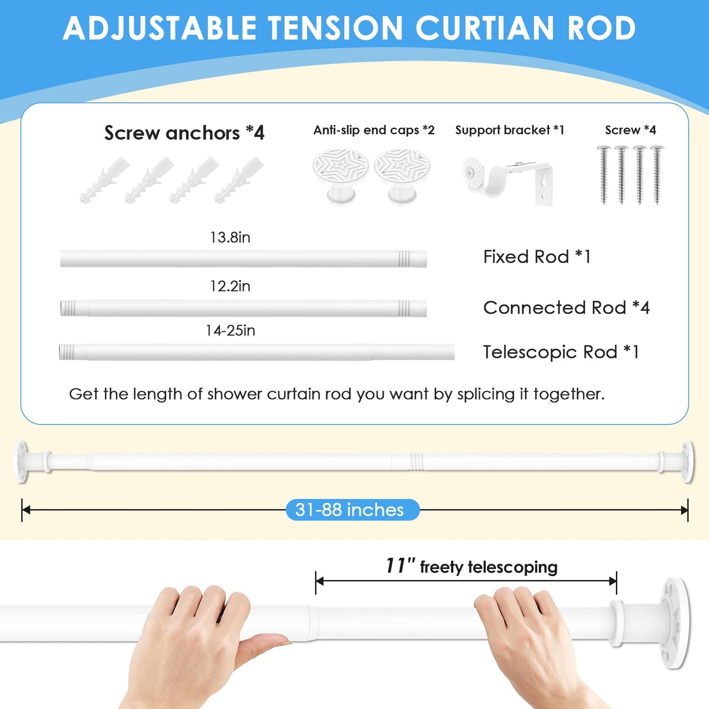 Tension Curtain Rod 31-88 inch White Shower Curtain Rods for Bathroom Adjustable Curtain Rods No Drilling for Windows Spring Rod for Closet Tension Or Screw Mount Easy Install Non Slip, No Rust
