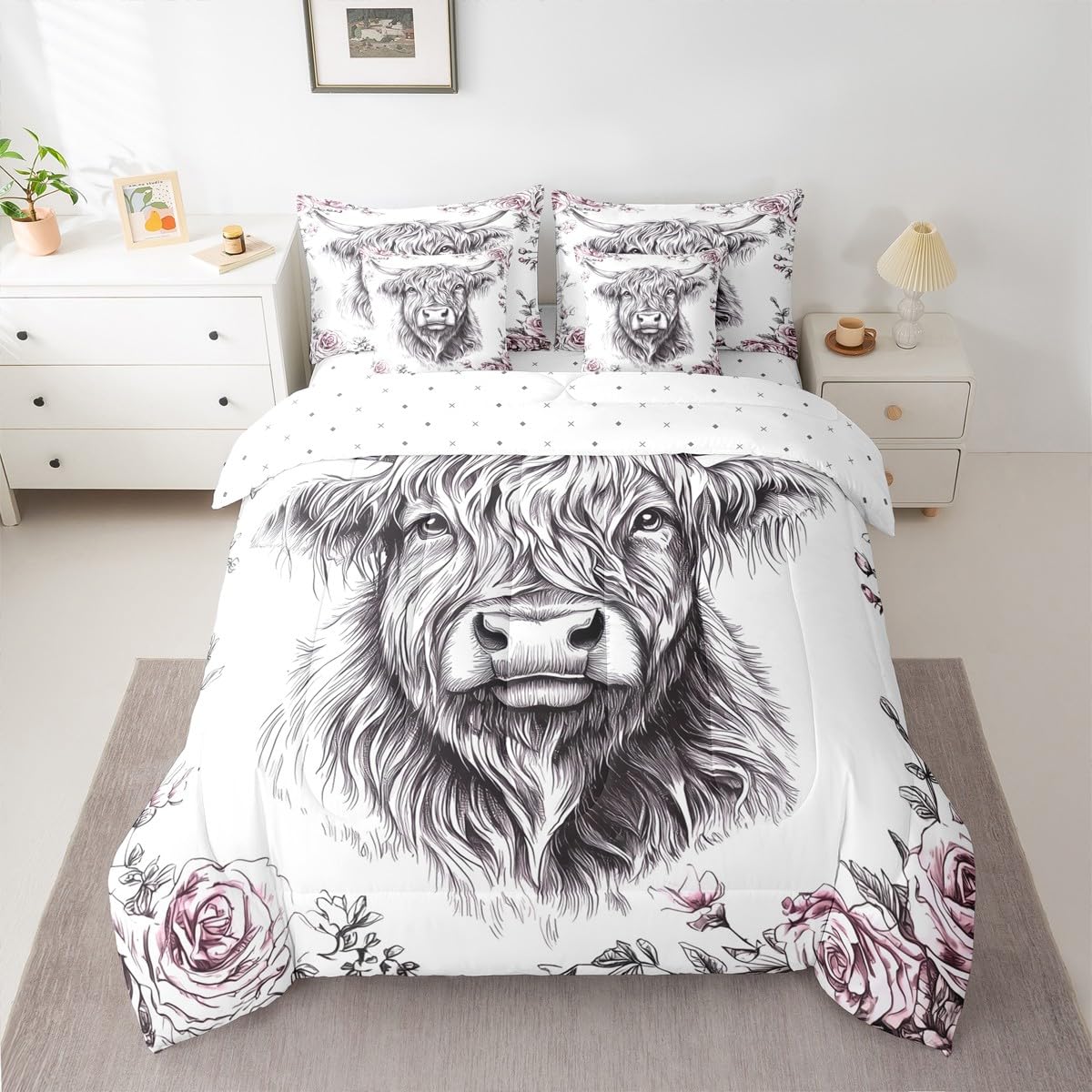 jejeloiu Highland Cow Comforter Set with Sheets 7 Piece Twin Size Highland Cattle Bedding Set for Kids Boys Girls Animal Bed in a Bag Room Decor Soft Lightweight Microfiber