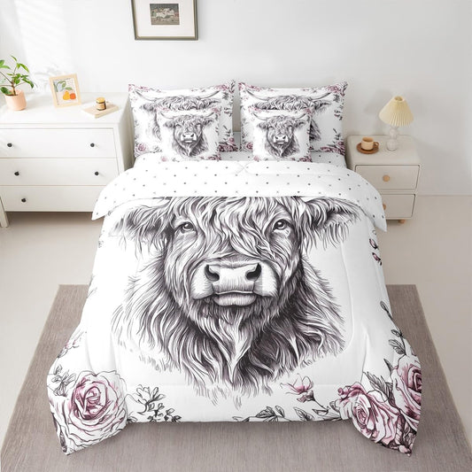 jejeloiu Highland Cow Comforter Set with Sheets 7 Piece Twin Size Highland Cattle Bedding Set for Kids Boys Girls Animal Bed in a Bag Room Decor Soft Lightweight Microfiber