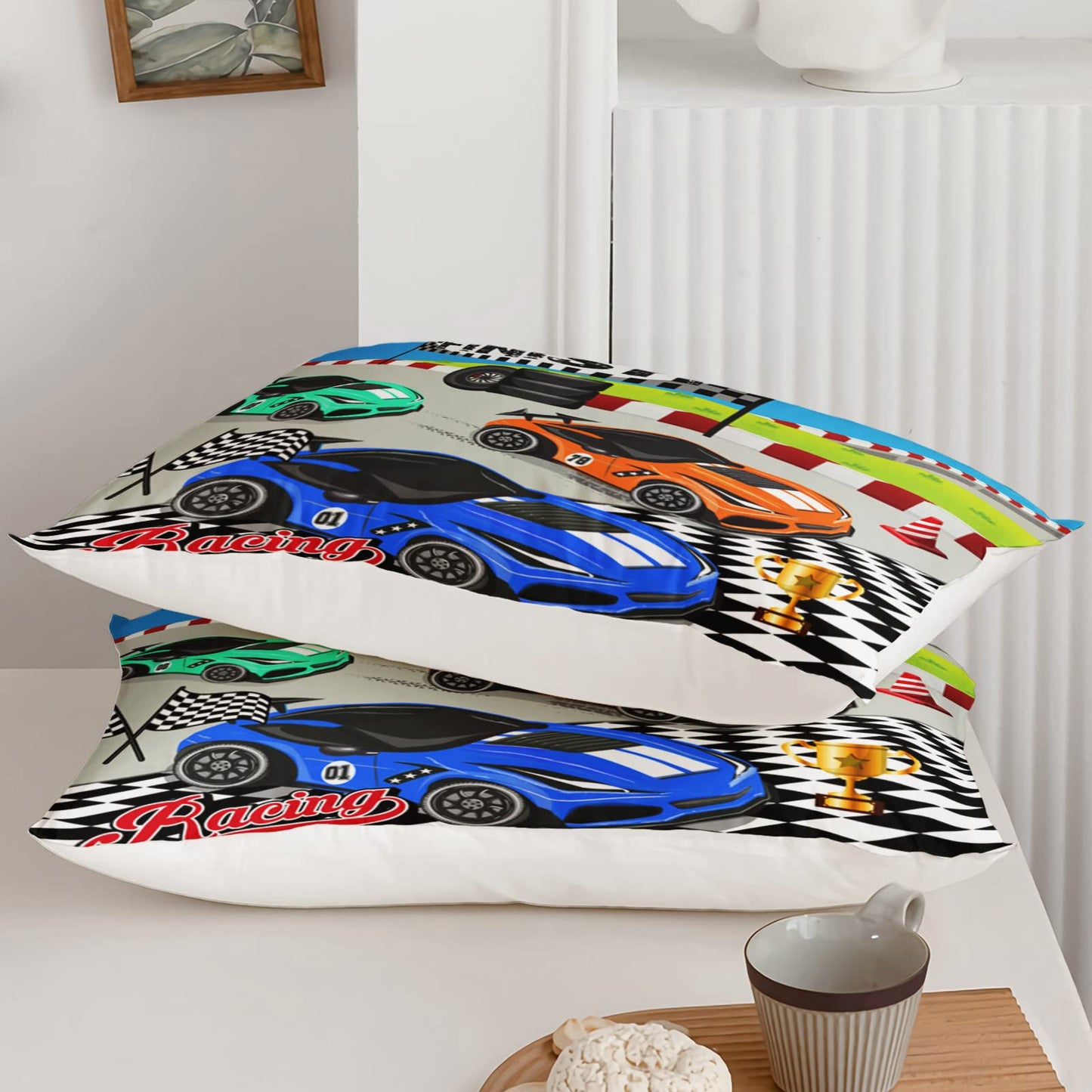 Axolotl Racing Car Bedding Set Twin,Cool Speed Race Car Down Comforter for Kids Boys Girls Teens,Car Theme Quilt with Three Cars Arrive at Finish,1 Comforter and 2 Pillowcases
