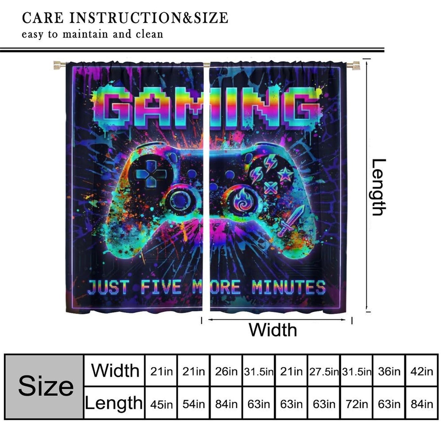 VUMIVI Gaming Curtains Cool Rainbow Neon Splatter Game Controller Just Five More Minutes Quote Rod Pocket Window Treatments for Boys Bedroom Gamer Room Apartment Dorms Cafe 42" W X 44.5" L