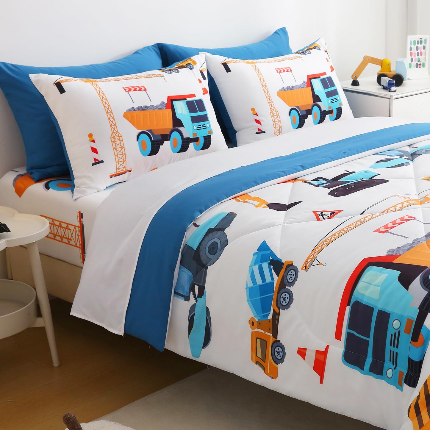 Jameswish 7 Pieces Boys Comforter Set Full Size Excavator Bedding Set Cartoon Car Kids Bed in a Bag Construction Truck Bedding for Children Kids Boys Teens for Birthday Choice