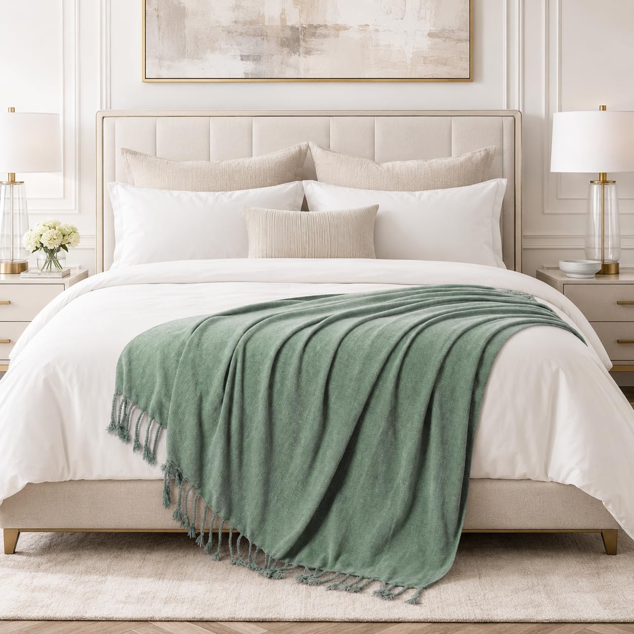 BATTILO HOME Sage Green Chenille Throw Blanket for Couch, Soft Cozy Textured Knit Throw Blanket with Handmade Fringe Tassels, Lightweight Decorative Farmhouse Blanket for Sofa Bed Chair, 50"x60"