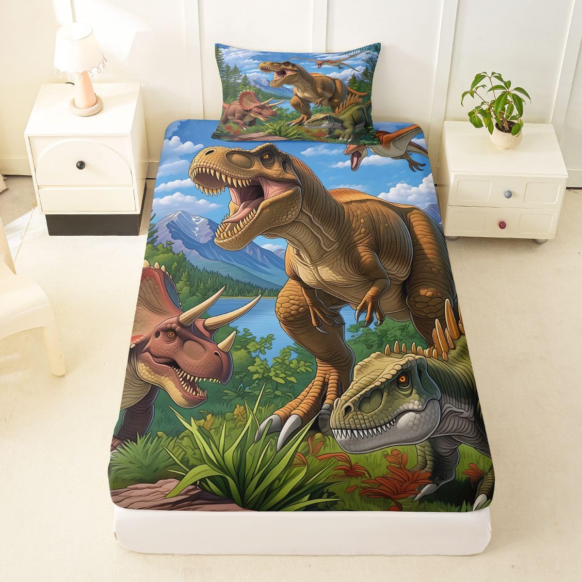 Feelyou Dinosaur Bed Sheets Set Twin Size 3D Digital Print Bed Set Jungle Dino Deep Pocket Fitted Sheet Wild Animal Breathable Soft Lightweight Microfiber Blue and Brown