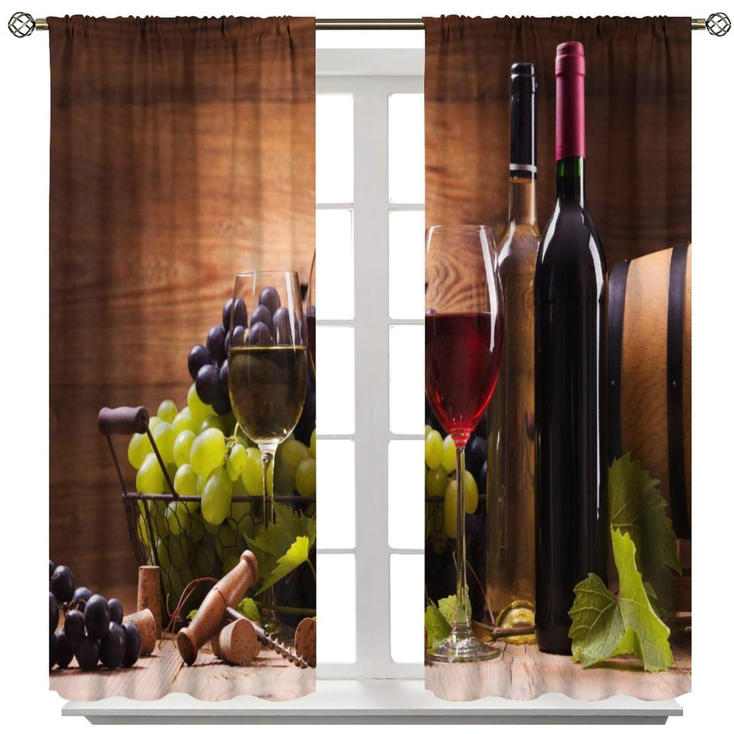 BenYaSong Wine Decor Window Curtains, Glasses of Red and White Wine Served with Grapes French Gourmet Tasting for Home Kitchen Livingroom Coffee Room Window Curtain Drapes 2 Panels 42x45 Inch