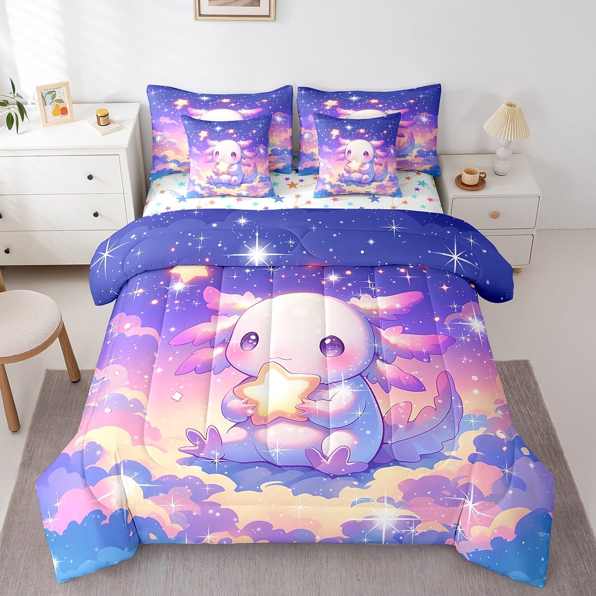 Feelyou Kids Cute Axolotl Bed in A Bag Twin Size, Galaxy 7 Pieces Bedding Set Boys Girls Cartoon Salamander Comforter Set with Sheets Kawaii Animal Teens Bed Set Bedroom Decor 7Pcs