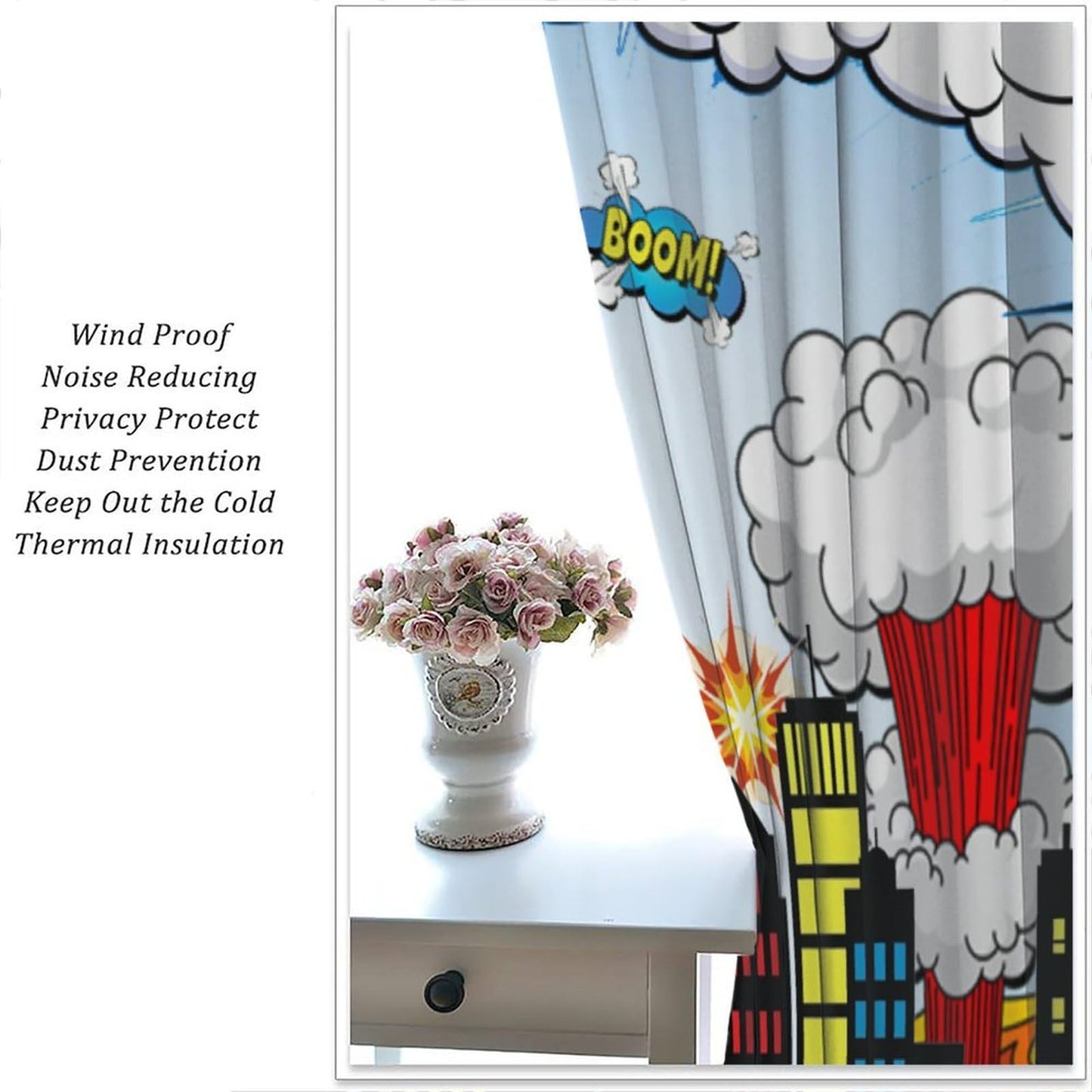 Hero Curtains for Kids Buildings Cityscape Cartoon City Comic Art Window Treatments for Boys Girls Bedroom Nursery Décor Drapes 2 Panel Sets Total Size 42" x 45"