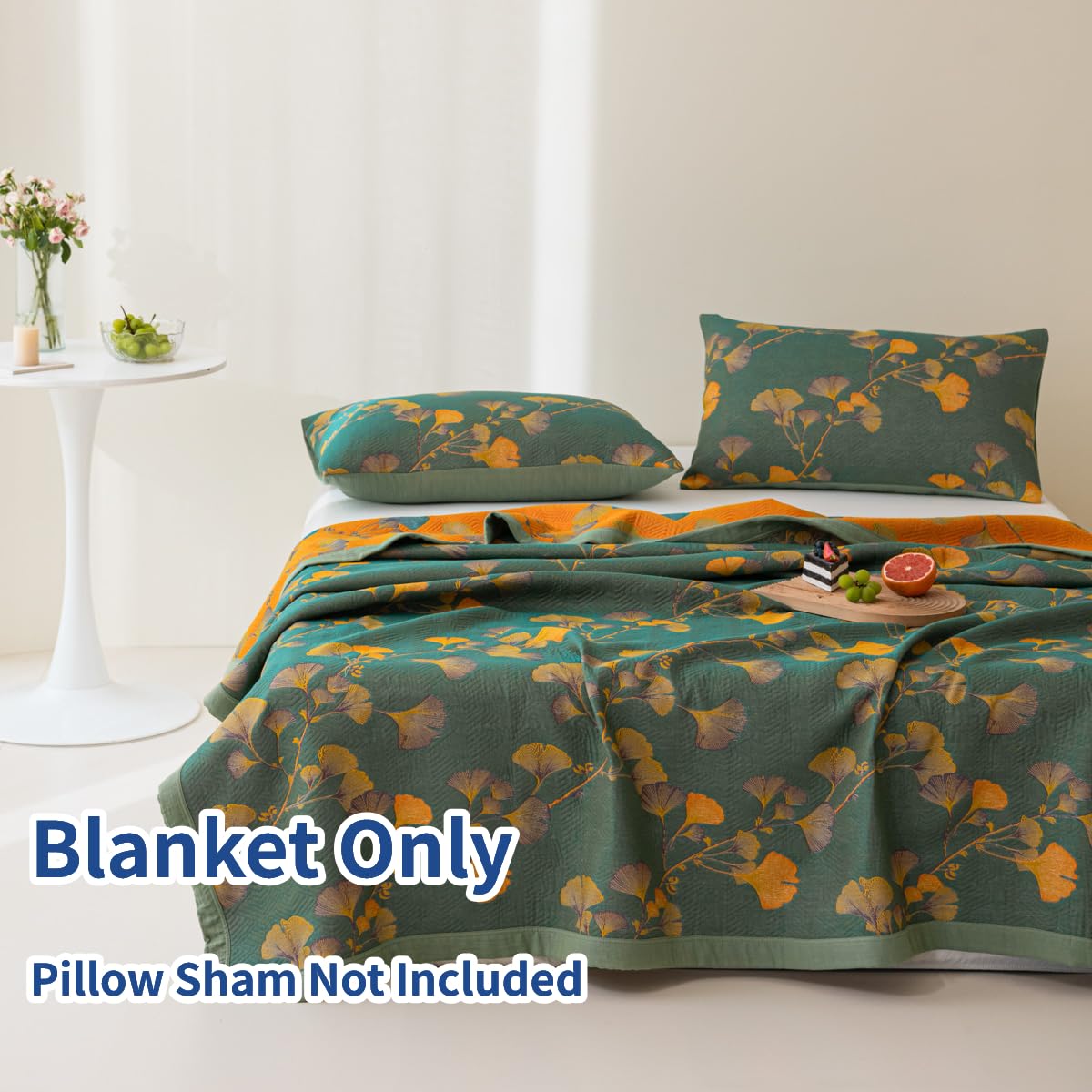 Purefair 100% Cotton Jacquard Quilt Floral Ginkgo Leaves Print,Soft Muslin Bed Cover 3 Layers Reversible Bedspread Coverlet Breathable Lightweight Bedding,Full/Queen(78"x94"), No Pillow Sham