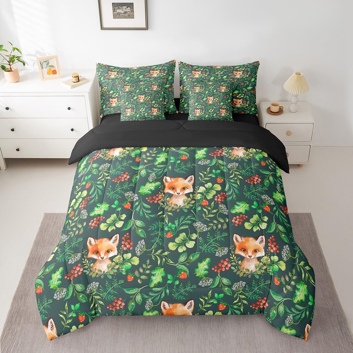 Erosebridal Fox Comforter Set 7 Piece Bed in a Bag Twin,Wild Woodland Animals Bedding Sets Jungle Botanical Leaf Comforter and Sheet Set,Green Plant Leaves Rustic Wildlife Farmhouse Bed Set