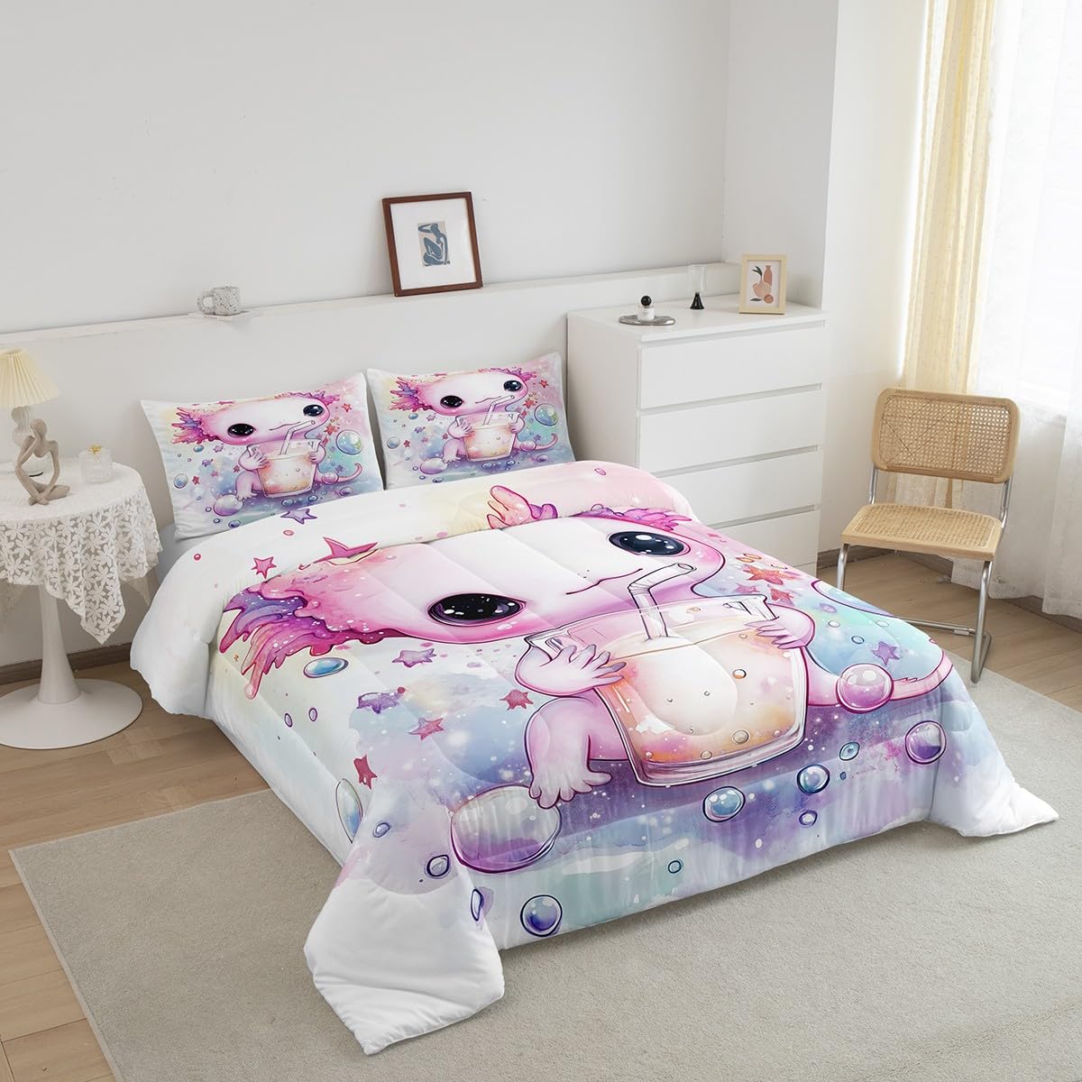 Feelyou Pink Cute Axolotl Comforter Set Twin Size Kids Cartoon Salamander Drink Bedding Set Boys Teens Kawaii Ocean Sealife Comforter Gift for Girls Women Duvet Set Bubble Quilt Set