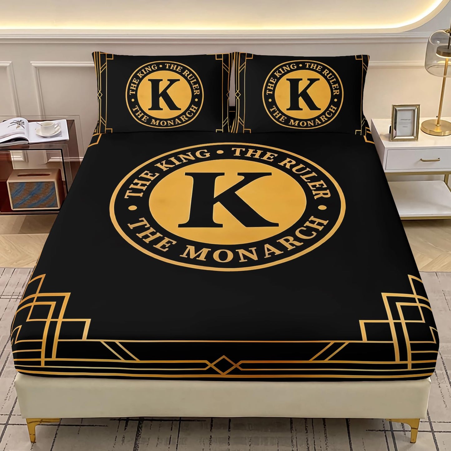 AILONEN King Ruler Monarch Fitted Sheet Set Full,Black Gold Art Bedding for Boys Men,3 Piece Luxury Geometric Bedroom Decor with 2 Pillowcases,16" Deep Pocket