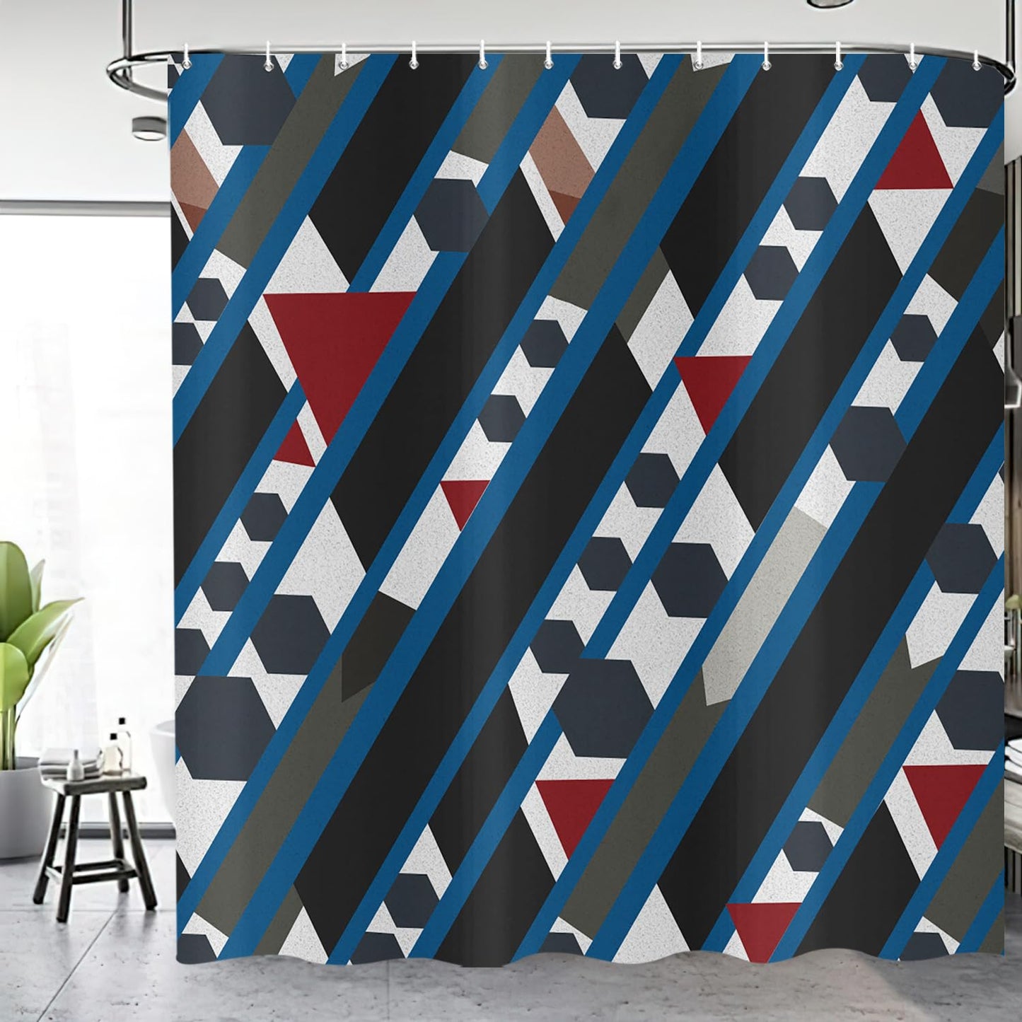 deFouliao Blue Geometric Shower Curtain Abstract Modern Black Red Geometry Art Bathroom Curtain Sets for Bath Home Decor Luxury Hotel, Waterproof Fabric with Hooks, 72x72 Inch