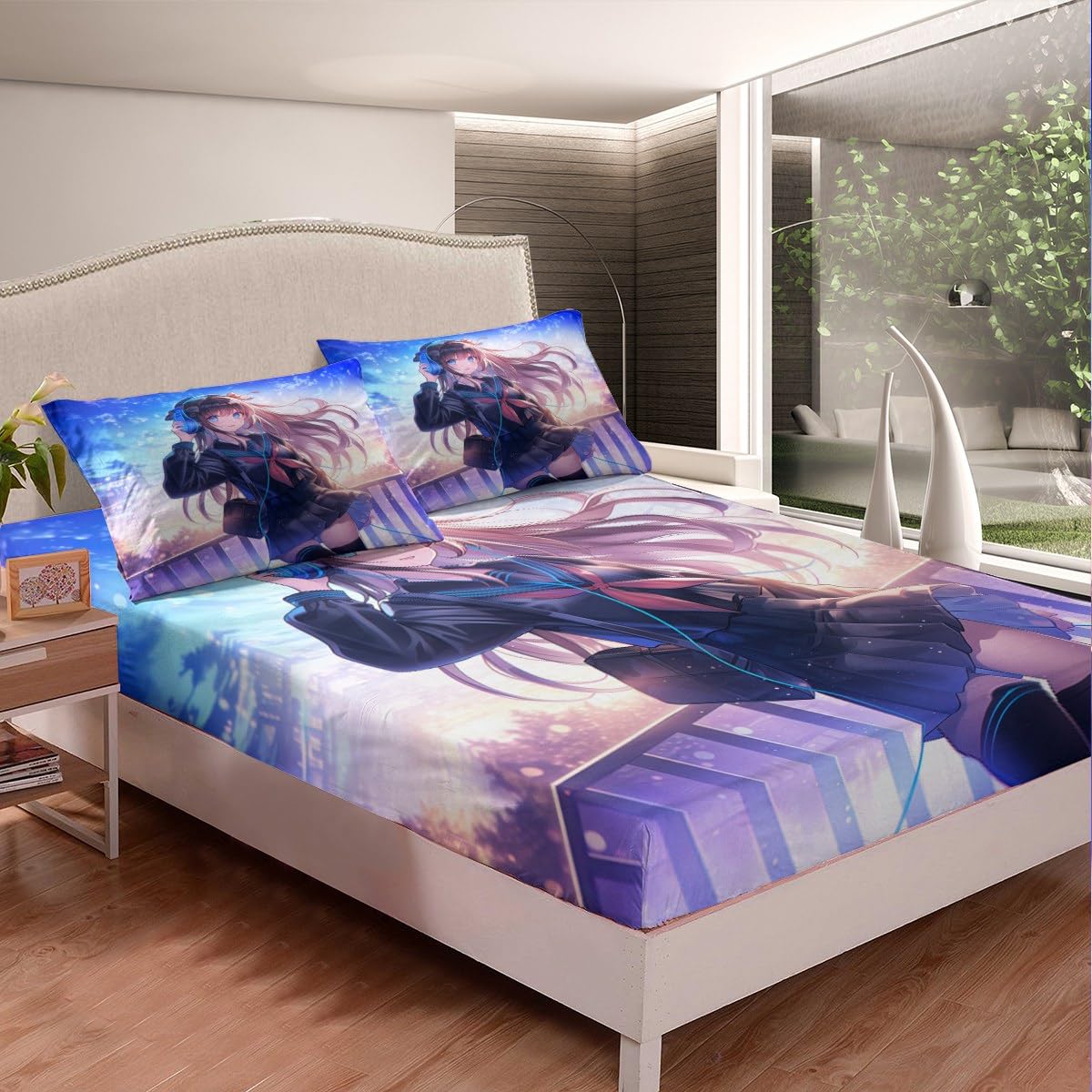 Erosebridal Anime Girl Bed Sheets Queen Size, Japanese Anime Fitted Sheet Top for Kids Boys Teens Bedroom Decor, Cartoon Girl Sheet Set Kawaii Japanese Animation Bedding Set with 2 Pillow Cases