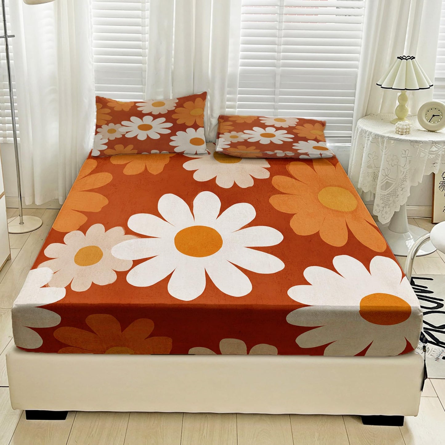 NOGAWA Retro Flower Sheets Full Size, Boho Floral Bed Sheets, 70s Bedding Sheets, Pillowcases 4 Piece Set, Microfiber Deep Pocket Fitted Sheet, Flat Sheet, 2 Pillow Cases