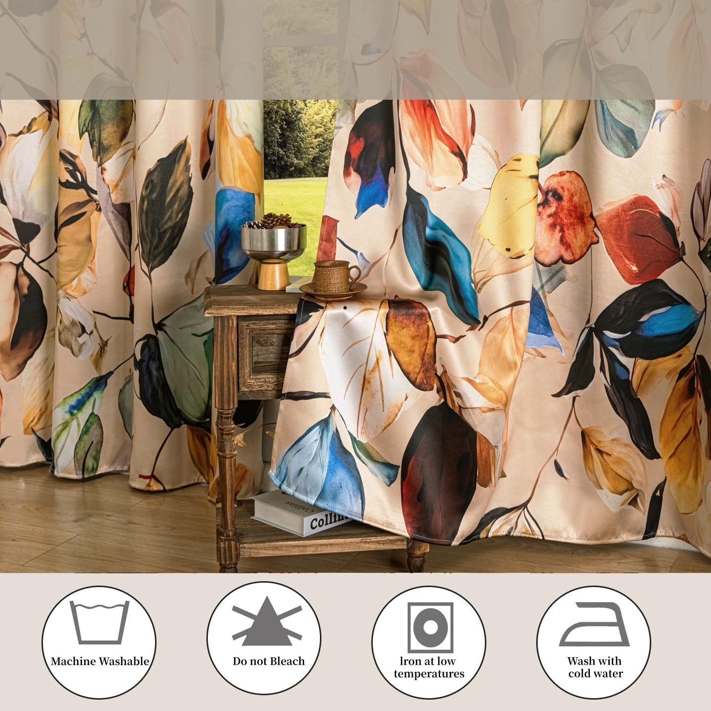 LW&SANHUO Black 100% Blackout Curtains 84 Inches Long for Bedroom 2 Panels Grommet Multicolor Yellow Leaves Print Patterned Black Out Curtains Room Darkening Thermal Insulated Window Drapes, 52Wx84L