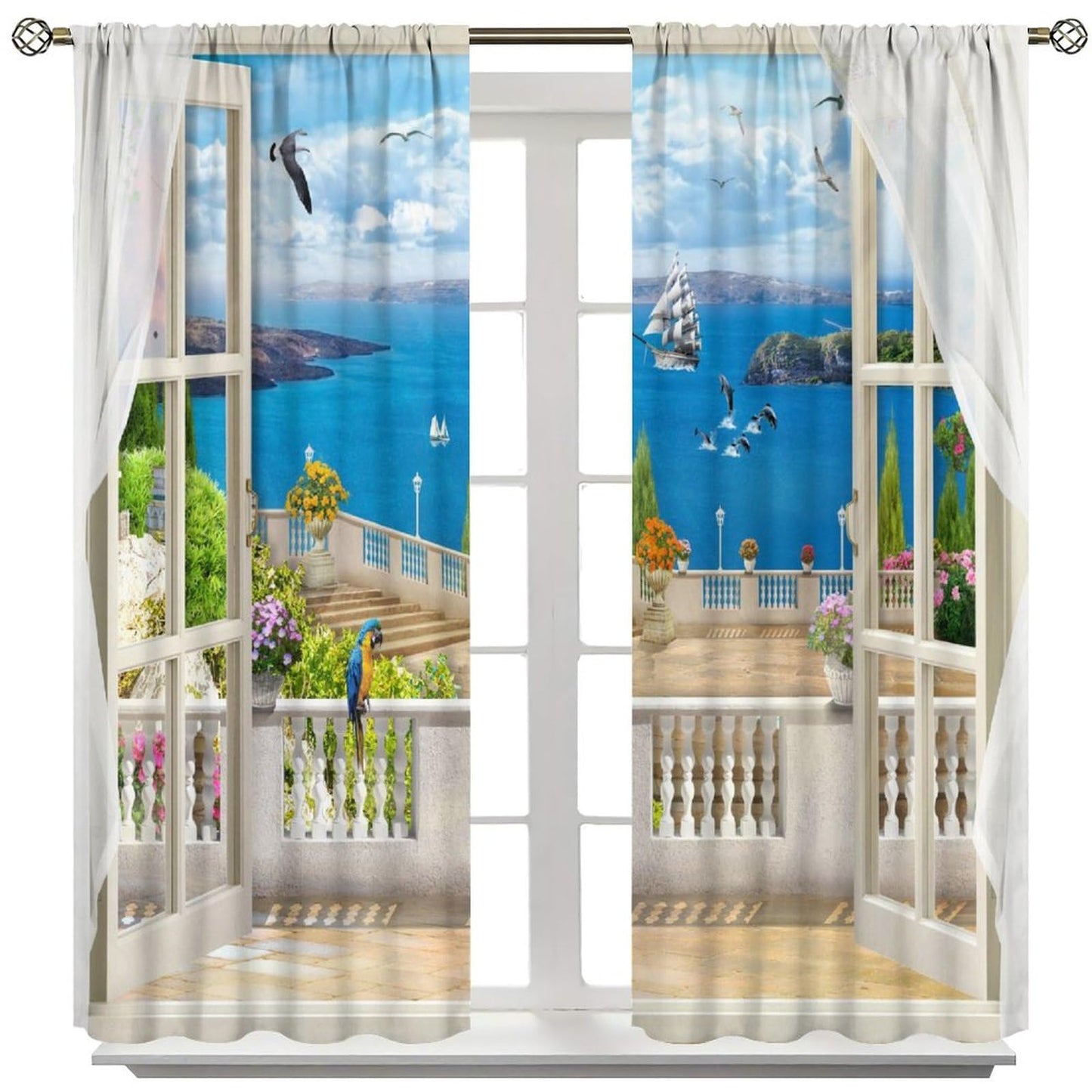 ICMOLYYENLO Natural Scenery Blackout Curtains, 3D Hawaiian Tropical Beach Ocean Scenery Printed Pattern Curtains Suitable for Home Bedroom Living Room 42x44 Inches