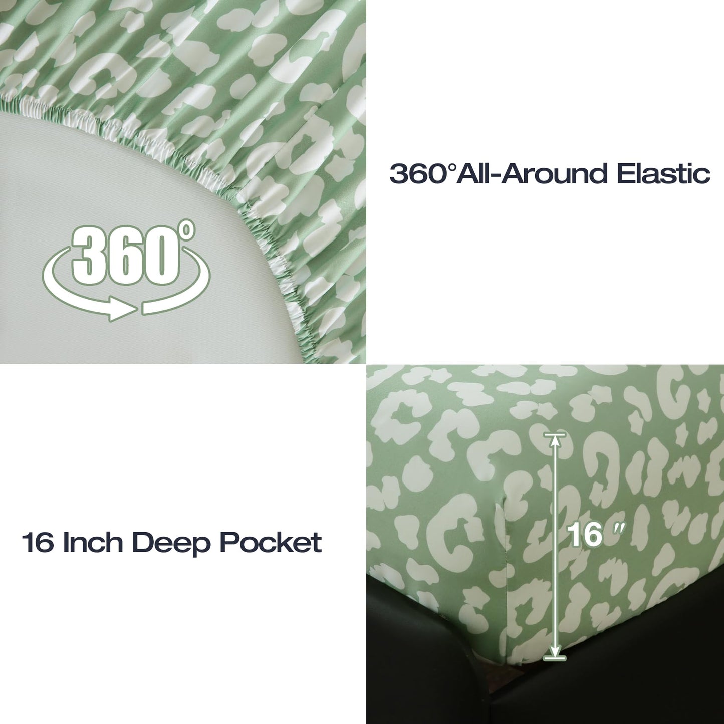 Yibeizi Sage Green Cheetah Print Sheets Set Deep Pocket Queen Size Bed Sheets Set, Leopard Printed Soft Microfiber Oeko-Tex Sheets & Pillowcases Hypoallergenic Wrinkle Free Bedsheets