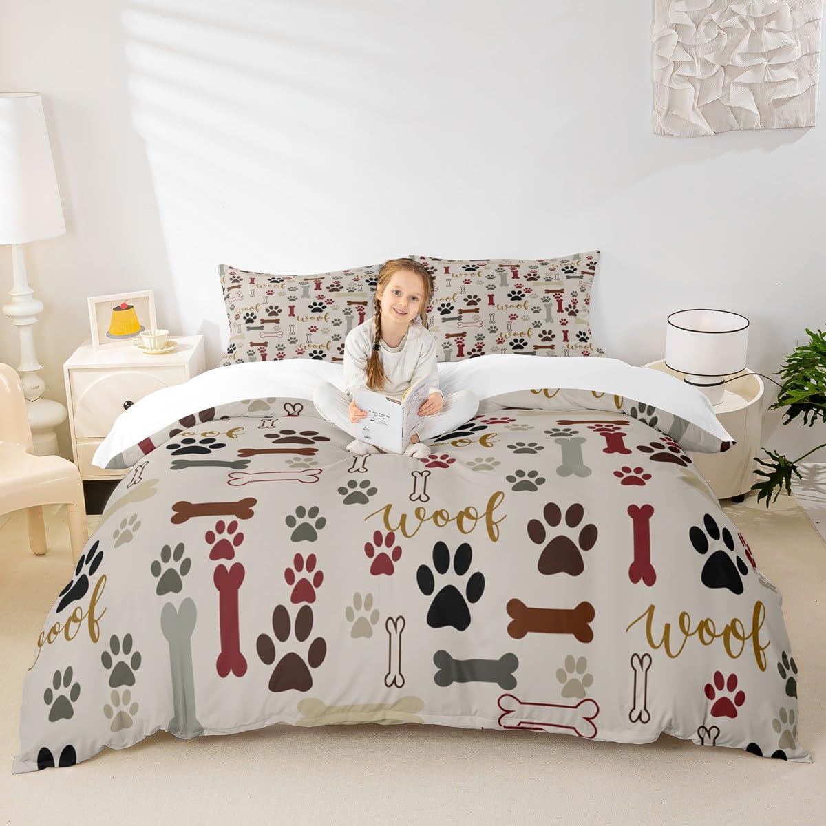 Dog Paw Print Duvet Cover Set King Size,Bone Pattern Bedding Set 3pcs for Kids Teens Girls Boys Room Decor, Pet Animal Comforter Cover Cartoon Quilt Cover with 2 Pillowcases