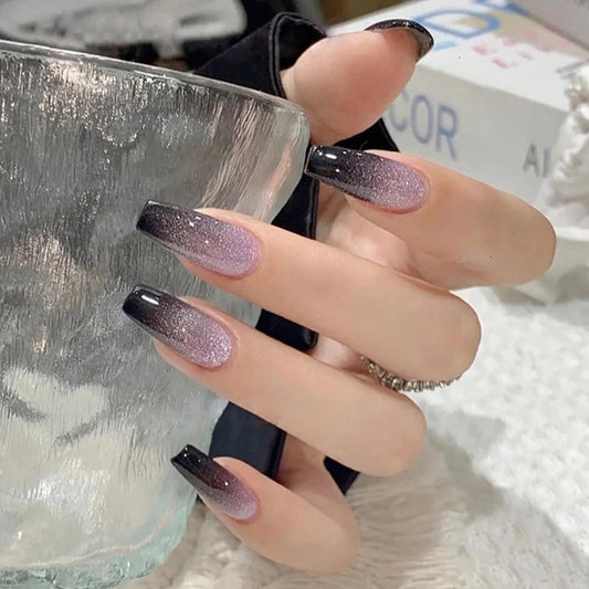 MISUD Press on Nails - Long Coffin Glue on Nails with Goth Black Purple, Acrylic Bling Glitter Design 24 pcs