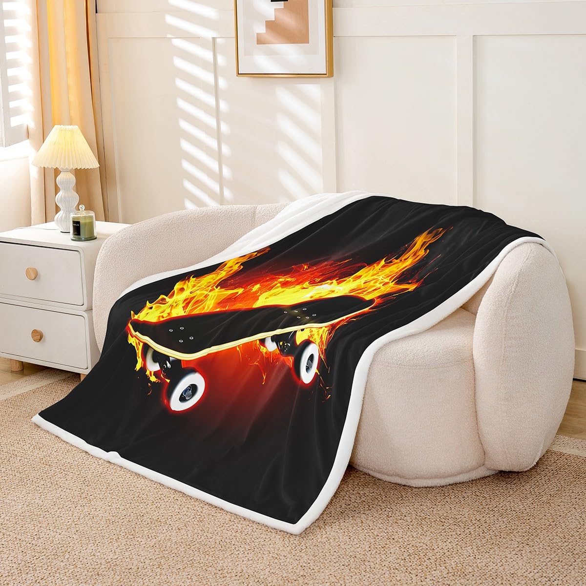 Feelyou Skateboard Sherpa Throw Blanket Kids Boys Teens Street Sports Fleece Blankets and Throws Fire Skate Board Plush Blanket Hip Hop Skater Fuzzy Blanket for Sofa Bed Couch 50" x 60",Black