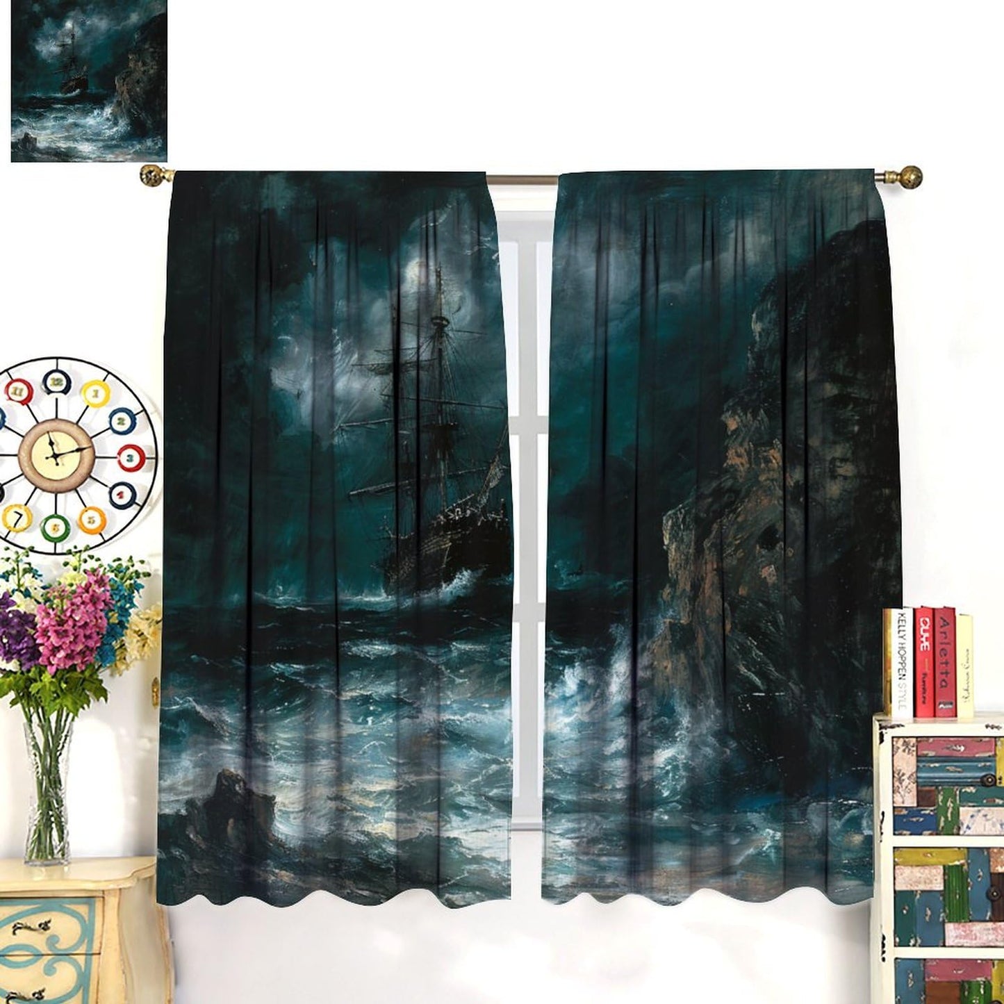 TOWINSFB Nautical Oil Painting Blackout Curtains for Bedroom Living Room, Sea Storm Pirate Ship Thermal Insulated Room Darkening Curtain - 42" W x 45" L