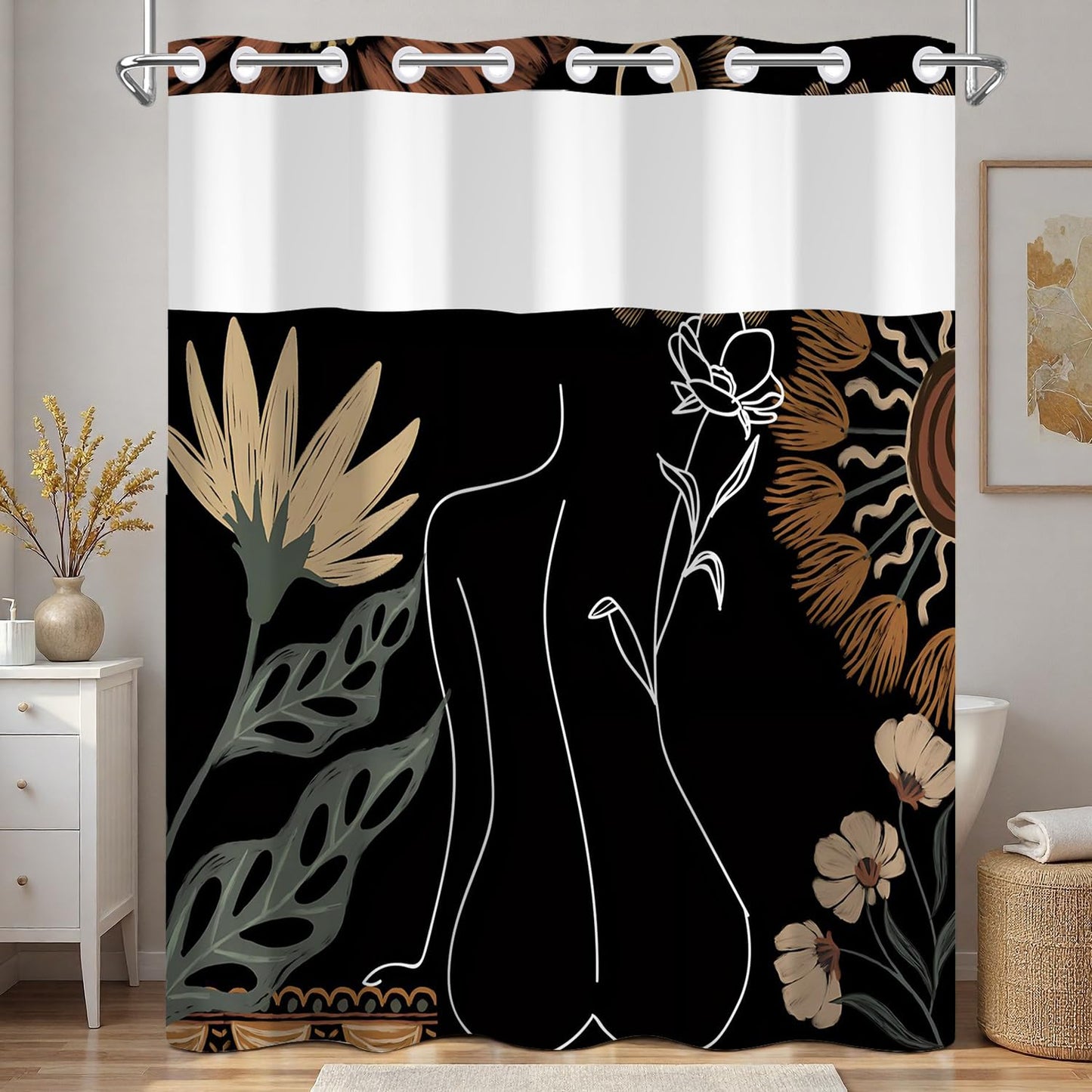 Xiazhilaio Abstract Boho Shower Curtain with Snap in Liner & Mesh Top Window - 71″W x 74″L Waterproof Fabric, Modern Floral Botanical Line Art Bathroom Curtain, Hotel Style No Hooks Bath Curtain Set