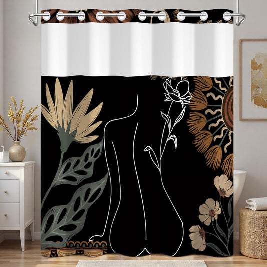 Xiazhilaio Abstract Boho Shower Curtain with Snap in Liner & Mesh Top Window - 71″W x 74″L Waterproof Fabric, Modern Floral Botanical Line Art Bathroom Curtain, Hotel Style No Hooks Bath Curtain Set