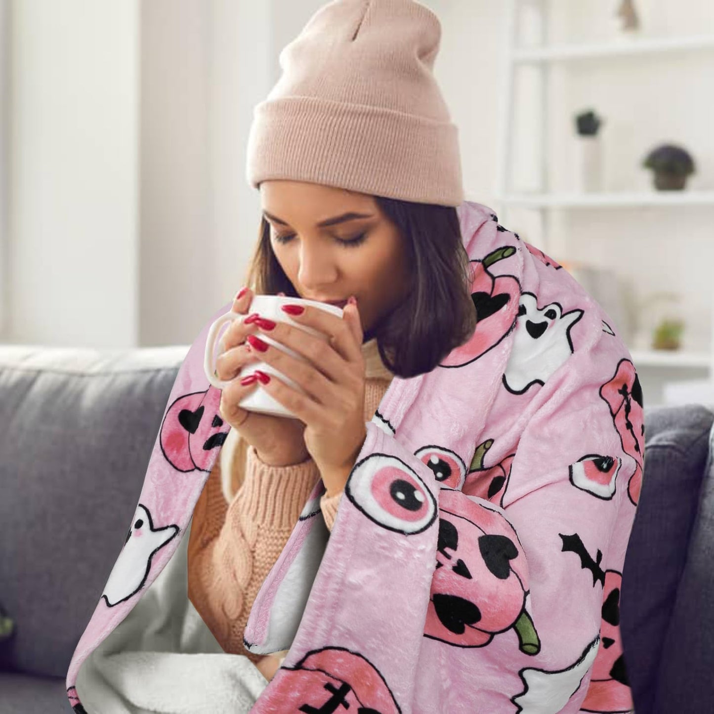Halloween Throw Blanket Ghost Fleece Flannel Blanket Goth Halloween Soft Cozy Plush Blankets for Couch Bed Sofa Pink Spooky Decor 60"X50"