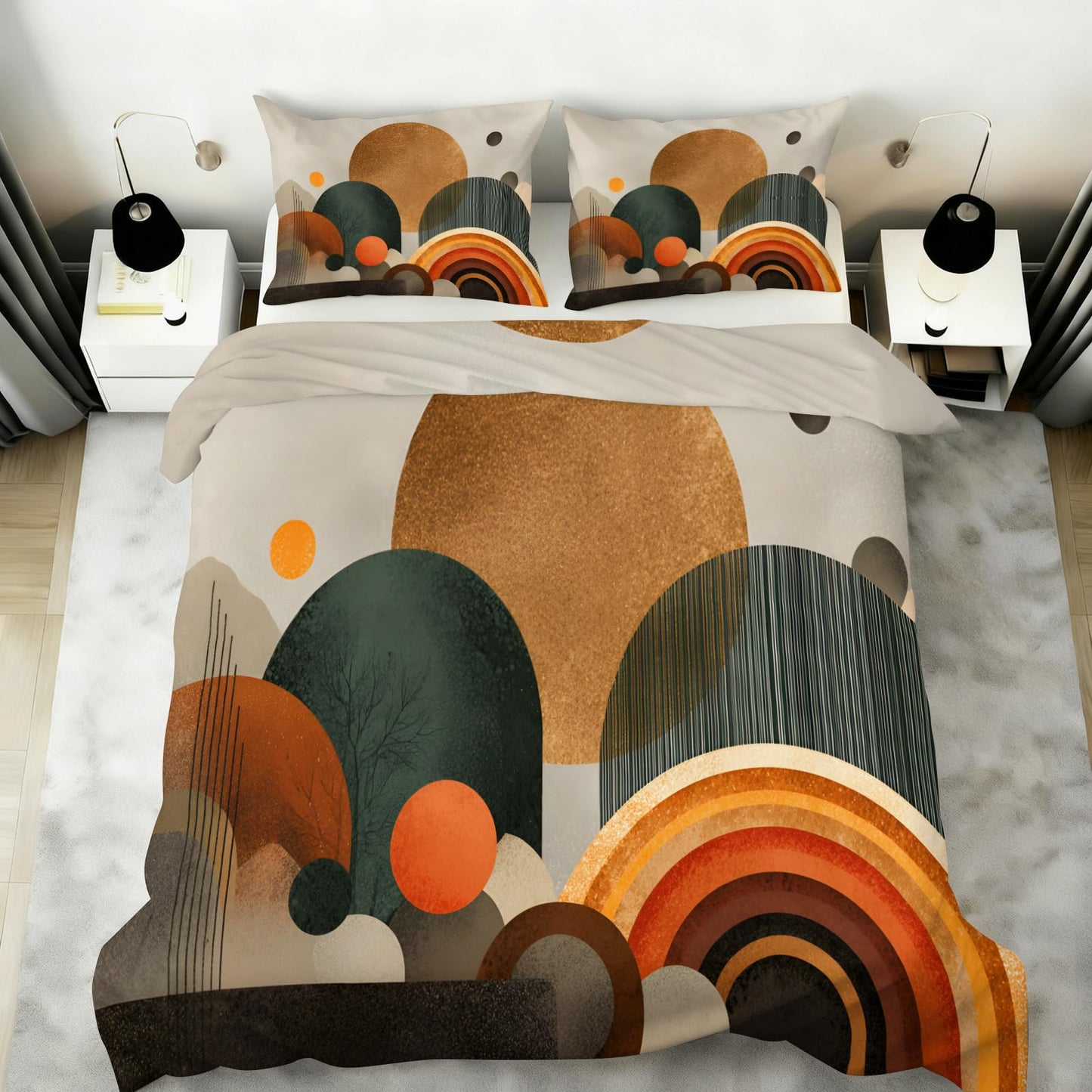 ZAOMIR Mid Century Modern Duvet Cover Twin Size, Sun Boho Abstract Bedding Set 3 Piece, Minimalist Geometric Patterned Comforter Cover with Zipper Soft Microfiber, 2 Pillowcases