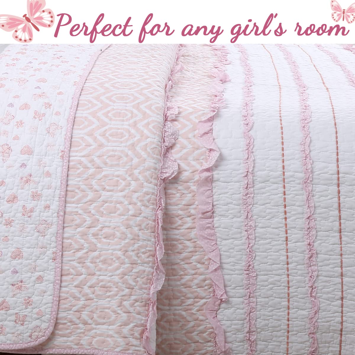 Cozy Line Home Fashions Pretty in Pink Girly Ruffle Stripped 100% Cotton Reversible Quilt Bedding Set, Coverlet, Bedspread (Pink Princess, Twin - 2 Piece: 1 Quilt + 1 Sham)