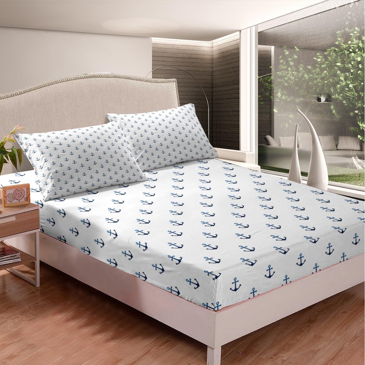 Cartoon Anchor Kids Fitted Sheet Twin Size,Nautical Adventure Ocean Anchor Bedding Set,Girls Boys Men Room Decor,Lake House Fishing Bed Cover,Blue White Fashion Bed Sheet,1 Pillowcase