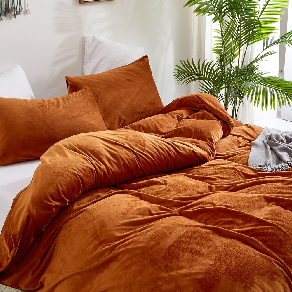 CLOTHKNOW Burnt Orange Velvet Duvet Cover Set Queen Fluffy Bedding Sets Flannel Bedding Duvet Cover Rust Comforter Cover Sets Queen