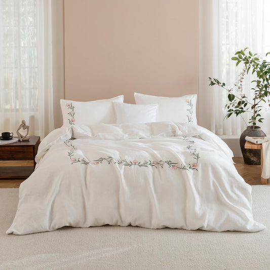 EVERLY 100% Pure Linen Duvet Cover Set Queen Size90X90Inch 3pcs (1 Duvet Cover,2 Pillowcases) Soft and Breathable for All Season with Coconut Button Closure, Suitable for Hot Sleepers-Linen-Queen